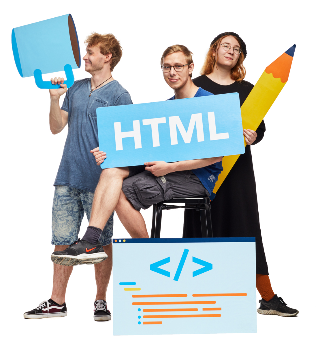 Connexis Mitarbeiter halten HTML Schild für Web-Entwicklung
